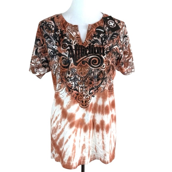 NWT Affliction Reversible Graphic Tee XL Brown Tie-Dye Cutout Back Size XL - Picture 4 of 11